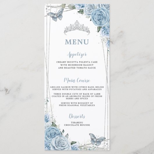 Chic Baby Blauw Bloemen Vlinders Quinceañera Menu (Voorkant)
