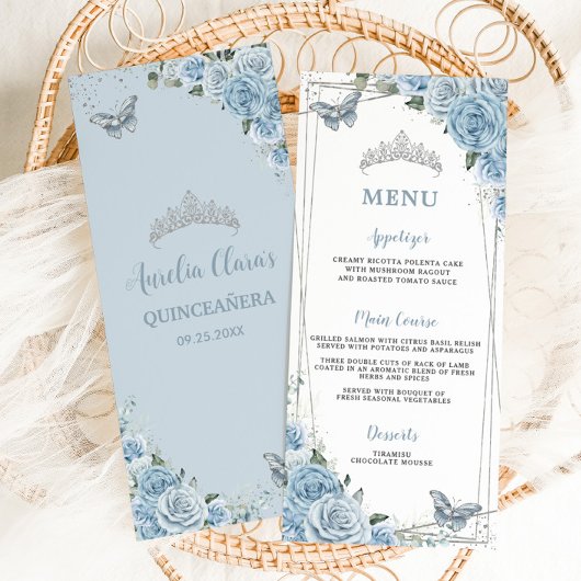 Chic Baby Blauw Bloemen Vlinders Quinceañera Menu