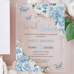 Chic Baby Blauw Bloemen Vlinders Sweet Sixteen 16 Acryl Uitnodigingen