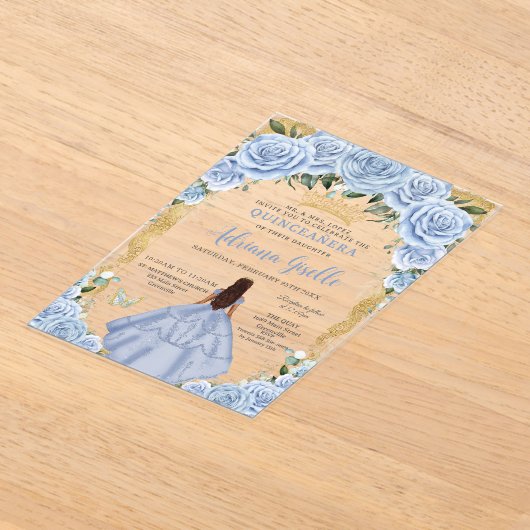 Chic Baby Blauwe Bloemen Bruin Prinses Quinceañera Acryl Uitnodigingen (Laagn)