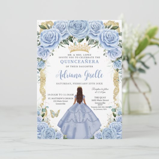 Chic Baby Blauwe Bloemen Bruin Prinses Quinceañera Kaart (Staand voorkant)
