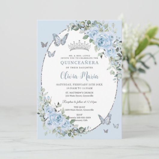 Chic Baby Blue Floral Butterflies Quinceañera Kaart (Staand voorkant)