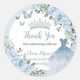 Chic Baby Blue Floral Dress Silver Quinceañera Ronde Sticker