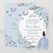 Chic Baby Blue Floral Princess Silver Quinceañera Kaart (Voorkant / Achterkant)