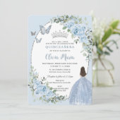 Chic Baby Blue Floral Princess Silver Quinceañera Kaart (Staand voorkant)