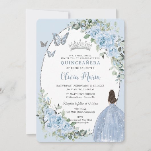 Chic Baby Blue Floral Princess Silver Quinceañera Kaart (Voorkant)