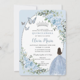 Chic Baby Blue Floral Princess Silver Quinceañera Kaart