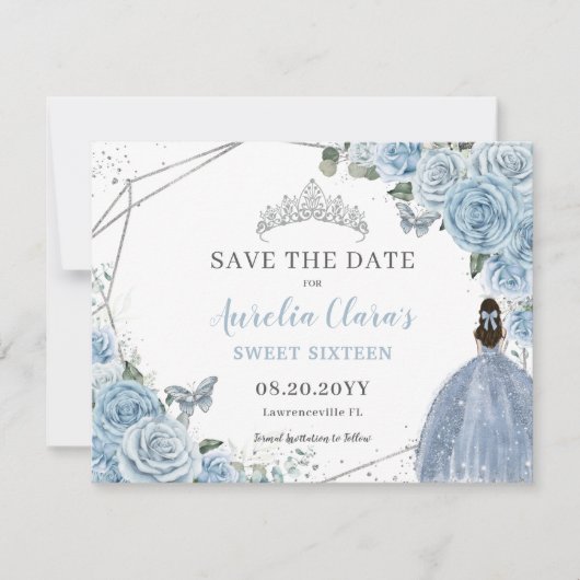 Chic Baby Blue Floral Quinceanera Sweet Sixteen Save The Date (Voorkant)