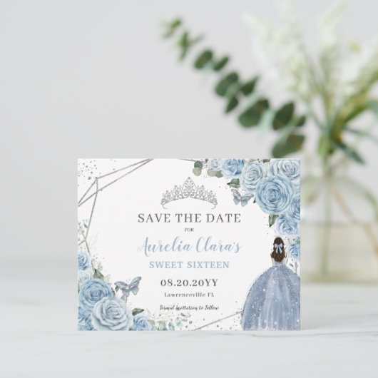 Chic Baby Blue Floral Quinceanera Sweet Sixteen Save The Date (Staand voorkant)