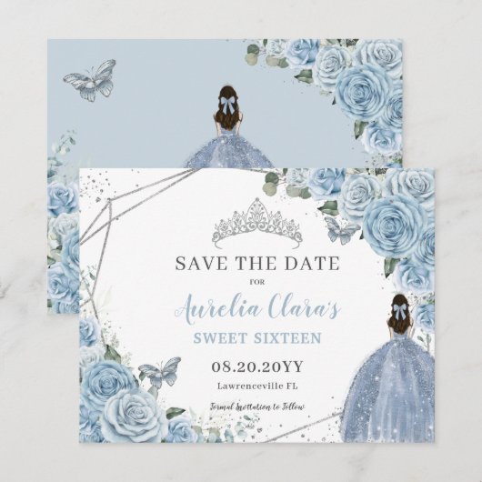 Chic Baby Blue Floral Quinceanera Sweet Sixteen Save The Date (Voorkant / Achterkant)