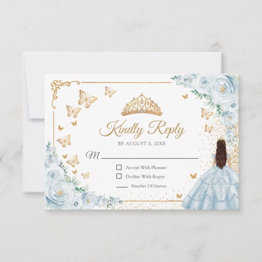 Chic Baby Blue Roses Gold Quinceanera Reply RSVP Kaartje (Voorkant)