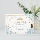 Chic Baby Blue Roses Gold Quinceanera Reply RSVP Kaartje (Staand voorkant)