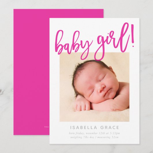 CHIC BABY FOTO modern meisje roze script beletteri Aankondiging (Voorkant / Achterkant)