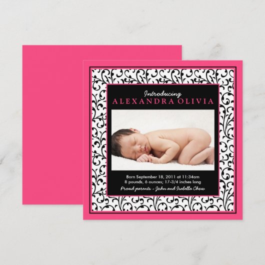 Chic Baby Girl Foto Hot Pink Birth Announding Aankondiging (Voorkant / Achterkant)