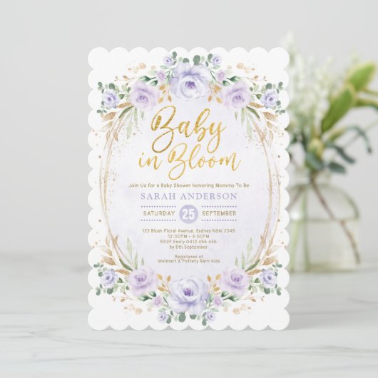 Chic Baby in Bloom Paarse Gold Floral Girl Shower Kaart (Staand voorkant)
