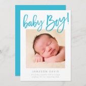 CHIC BABY PHOTO modern BOY aqua script belettering Aankondiging (Voorkant / Achterkant)