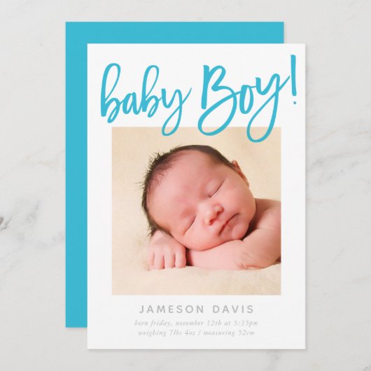 CHIC BABY PHOTO modern BOY aqua script belettering Aankondiging (Voorkant / Achterkant)