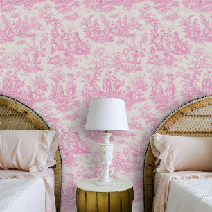 Chic  baby roze toile de jouy bedrukt behang