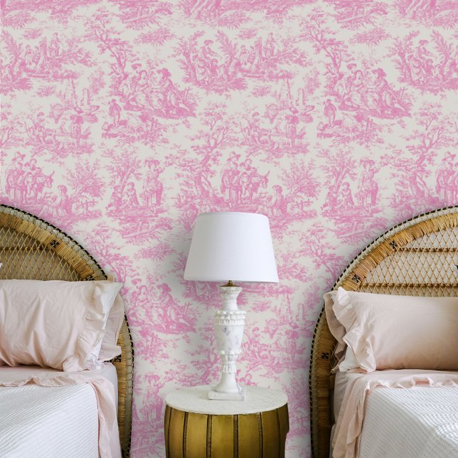 Chic  baby roze toile de jouy bedrukt behang (Creator heeft geüpload)