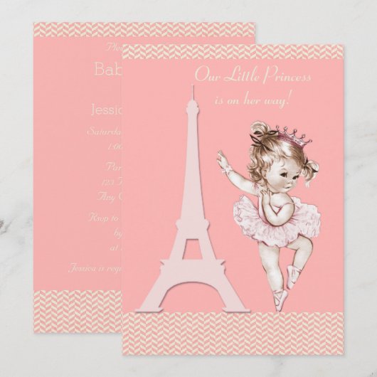 Chic Ballerina Eiffel Tower Chevrons Baby shower Kaart (Voorkant / Achterkant)