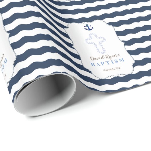 Chic Baptism Nautical Navy Waves Anchor Cadeaupapier (Rol Hoek)