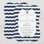 Chic Baptism Nautical Navy Waves Anchor Invite Kaart (Voorkant / Achterkant)