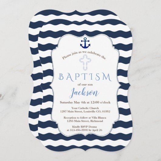 Chic Baptism Nautical Navy Waves Anchor Invite Kaart (Voorkant / Achterkant)