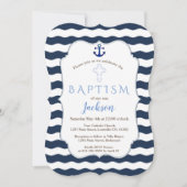 Chic Baptism Nautical Navy Waves Anchor Invite Kaart (Voorkant)