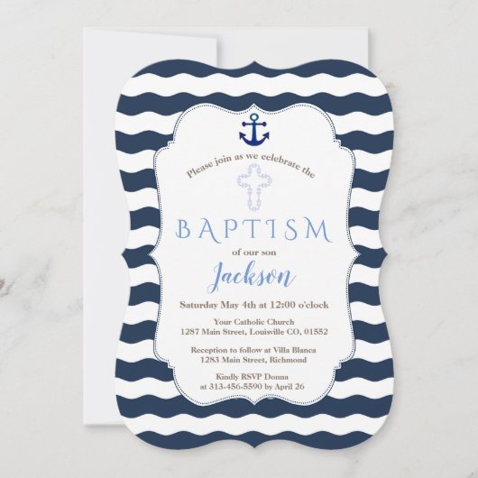 Chic Baptism Nautical Navy Waves Anchor Invite Kaart (Voorkant)