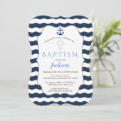 Chic Baptism Nautical Navy Waves Anchor Invite Kaart (Staand voorkant)