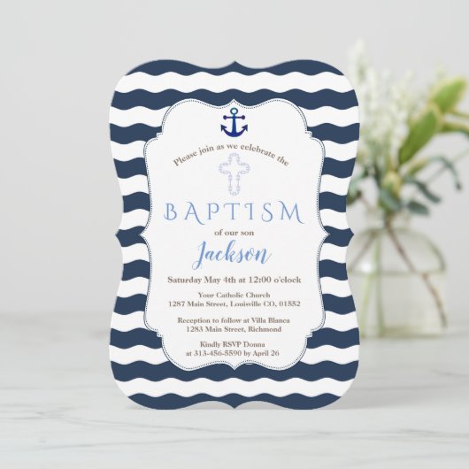 Chic Baptism Nautical Navy Waves Anchor Invite Kaart (Staand voorkant)