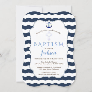 Chic Baptism Nautical Navy Waves Anchor Invite Kaart
