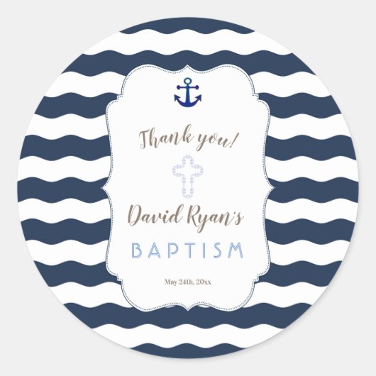 Chic Baptism Nautical Navy Waves Anchor Ronde Sticker (Voorkant)