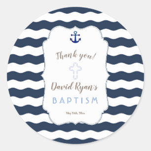 Chic Baptism Nautical Navy Waves Anchor Ronde Sticker