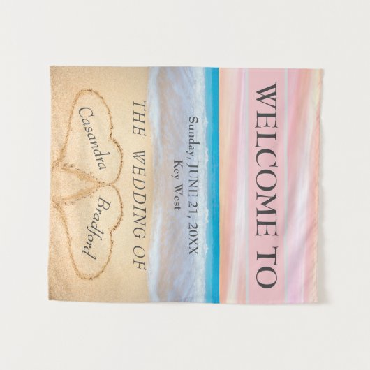 Chic Beach Bruiloft 2 Harten in het Zand Wandkleed (Voorkant (horizontaal))