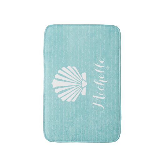 Chic Beach Girly Aqua Scallop Shell met naam Badmat (Voorkant Verticaal)