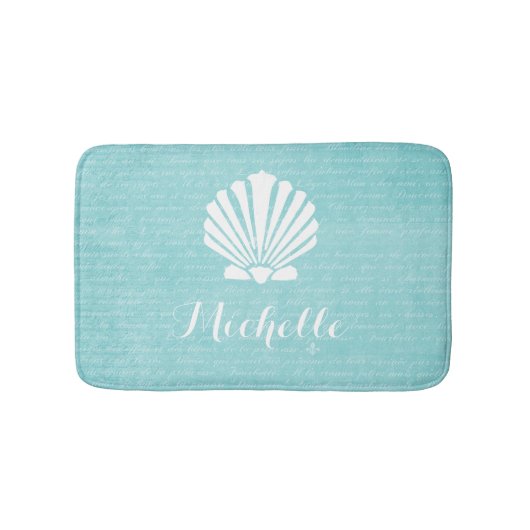 Chic Beach Girly Aqua Scallop Shell met naam Badmat (Voorkant)