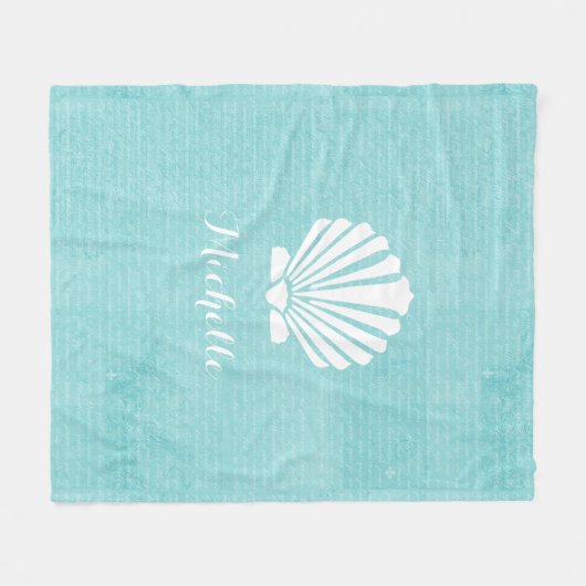Chic Beach Girly Aqua Scallop Shell met naam Fleece Deken (Voorkant (Horizontaal))