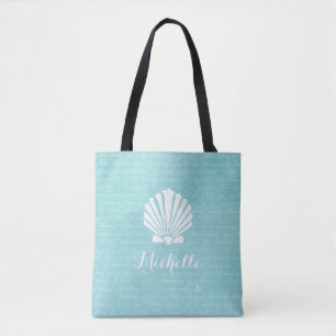 Chic Beach Girly Aqua Scallop Shell met naam Tote Bag