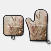 Chic Beige Blush Boho Bloemen Ovenwant & Pannenlap Set (Voorkant)