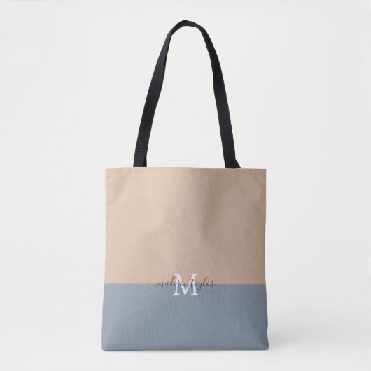 Chic Beige en Dusty Blue met monogram-naam Tote Bag (Voorkant)