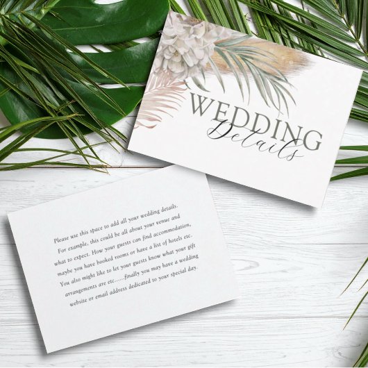 Chic Beige Floral & Palm Wedding Details Informatiekaartje
