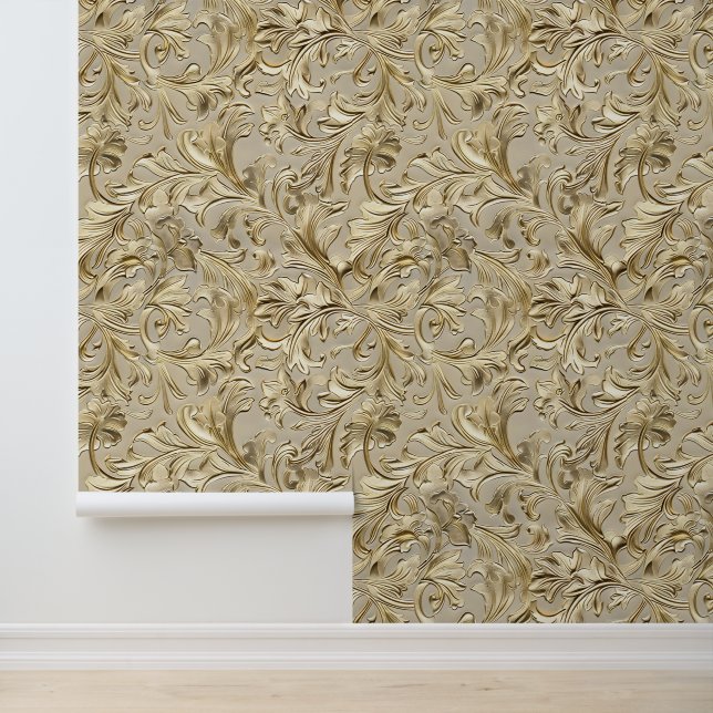 Chic beige goud bewerkt leer behang (Applicatie)