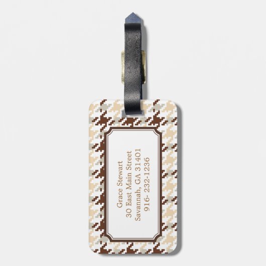 Chic beige houndstooth plaid monogram bagagelabel (Achterkant verticaal)