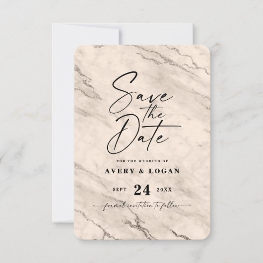 Chic Beige Marble met Champagne Folie — Gegevens Save The Date (Voorkant)
