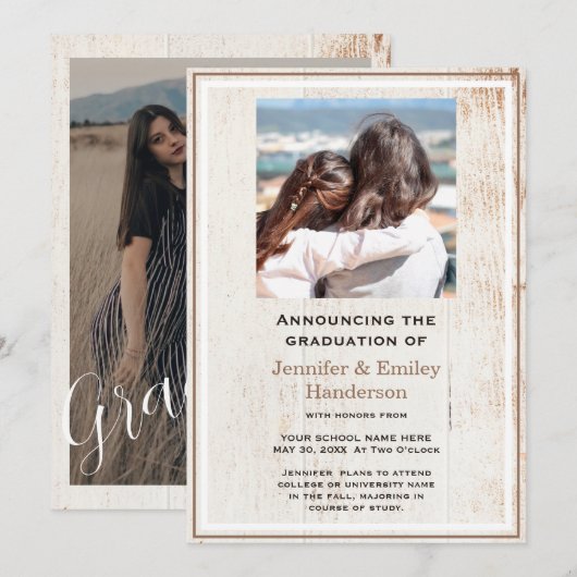 Chic Beige photo double graduation Announcement Kaart (Voorkant / Achterkant)