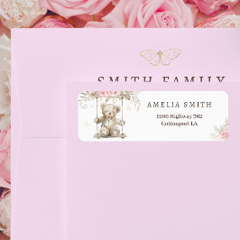 Chic Beige Waterverf Teddybeer Roze Bloemen Etiket