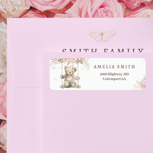 Chic Beige Waterverf Teddybeer Roze Bloemen Etiket