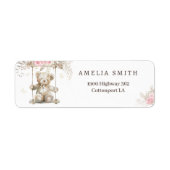 Chic Beige Waterverf Teddybeer Roze Bloemen Etiket (Voorkant)