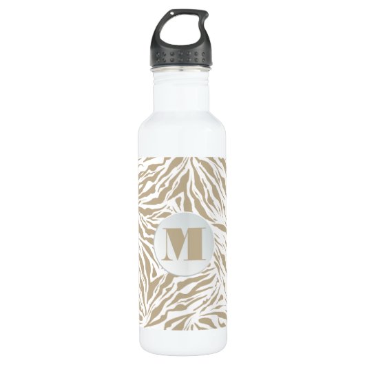 Chic Beige Zebra Print Monogram Waterfles (Voorkant)